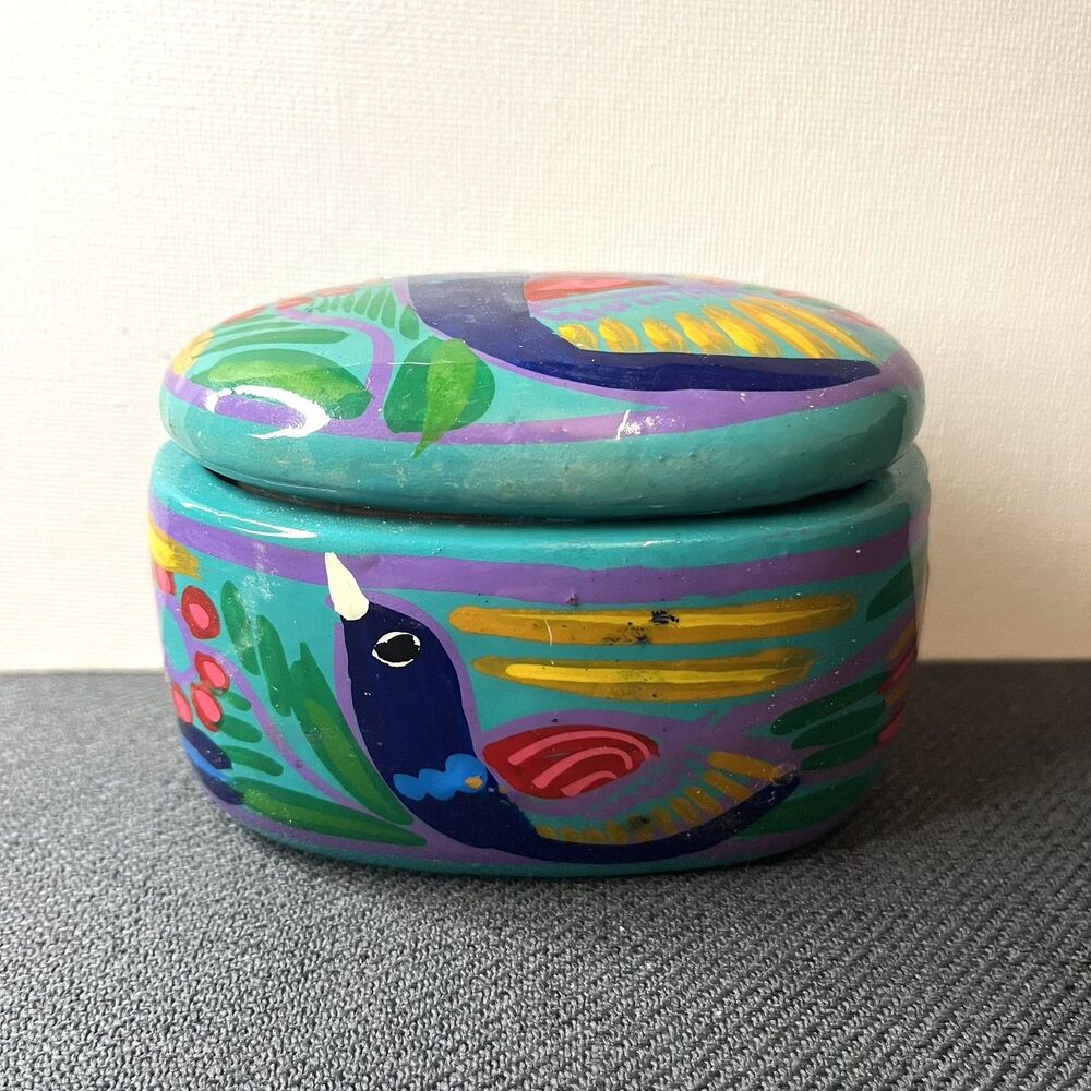 Art Pottery Hand Painted Multicolored Bird Oval Terracotta Jewelry Trinket Box